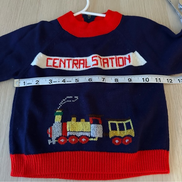 Vintage Retro Knit Train Central Station Sweater, 18-24 months, EUC, Blue & Red - Picture 3 of 4